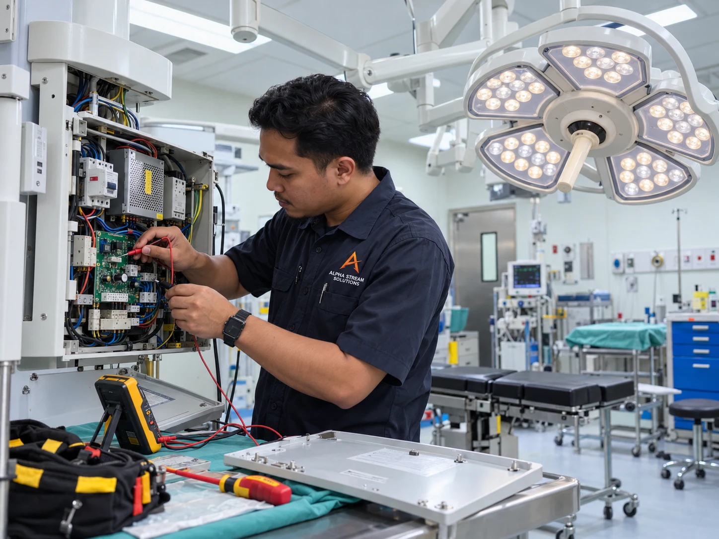 Technician repairing the power supply for an operating theatre light